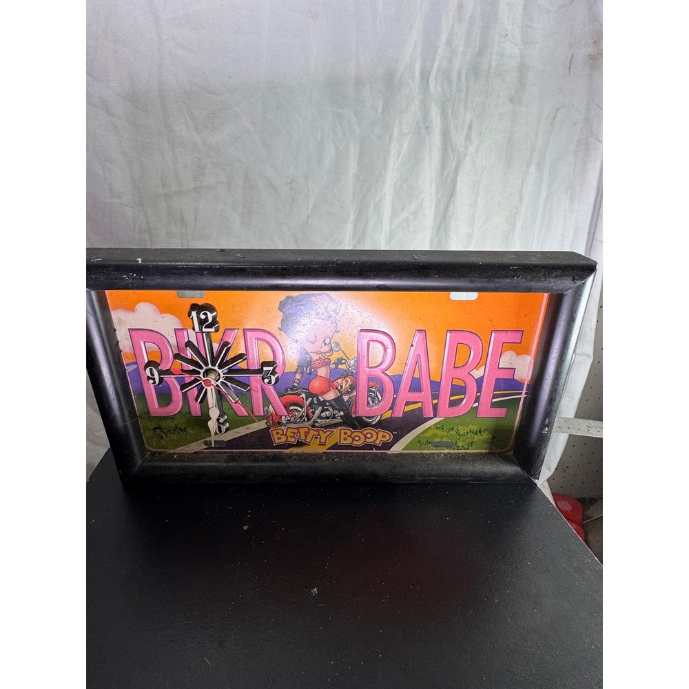 Betty Boop Biker Babe License Plate Wall Clock Retro Motorcycle DecorBlack Frame